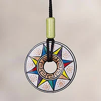 Ceramic pendant necklace, 'Sun of Many Colors' - Ceramic Pendant Necklace with Multicolored Sun from Peru