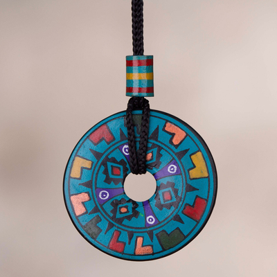 Ceramic pendant necklace, 'Garden of the Sun' - Hand Painted Blue Multicolored Ceramic Pendant Necklace