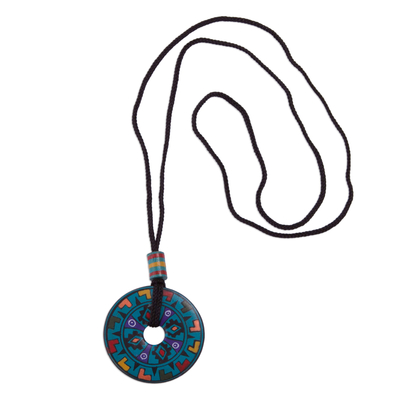 Ceramic pendant necklace, 'Garden of the Sun' - Hand Painted Blue Multicolored Ceramic Pendant Necklace