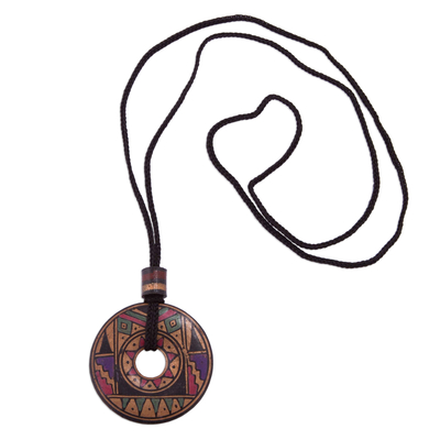 Ceramic pendant necklace, 'Sun Princess' - Peruvian Handmade Ceramic Pendant Necklace in Jewel Tones