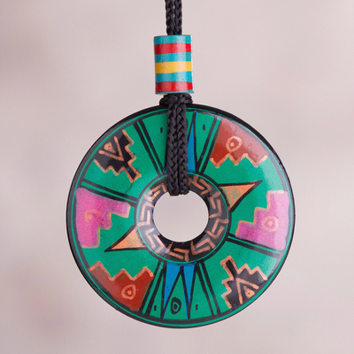 Ceramic pendant necklace, 'Jade Princess' - Peruvian Green Ceramic Pendant Necklace with Geometric Motif