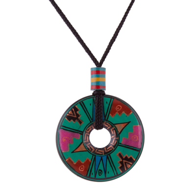 Peruvian Green Ceramic Pendant Necklace with Geometric Motif