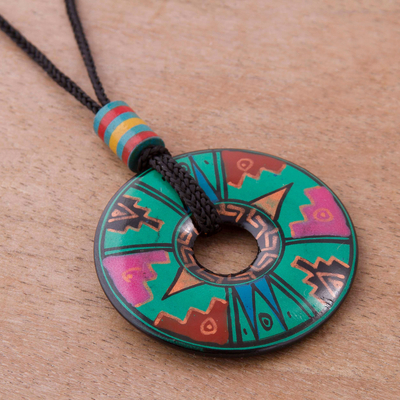 Ceramic pendant necklace, 'Jade Princess' - Peruvian Green Ceramic Pendant Necklace with Geometric Motif