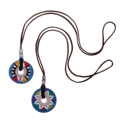 Ceramic pendant necklaces, 'Evening Fiesta' (pair) - Pair of Blue and White Geometric Ceramic Pendant Necklaces