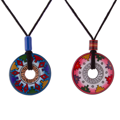 Ceramic pendant necklaces, 'You and I' (pair) - Hand Painted Pink and Blue Ceramic Pendant Necklaces (pair)