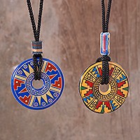 Ceramic pendant necklaces, 'Nocturnal Feast' (pair) - Yellow and Blue Ceramic Pendant Necklaces from Peru (pair)