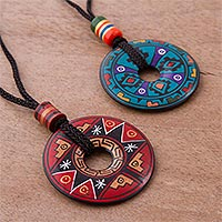 Ceramic pendant necklaces, 'Sun and Rain' (pair)