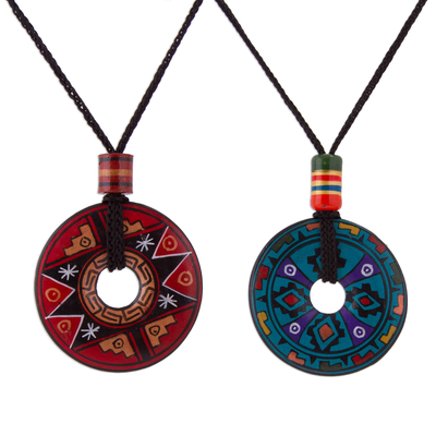 Ceramic pendant necklaces, 'Sun and Rain' (pair) - Pair of Red and Blue Ceramic Pendant Necklaces from Peru