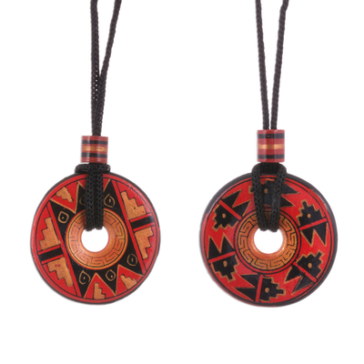 Pair of Red and Black Ceramic Pendant Necklaces from Peru