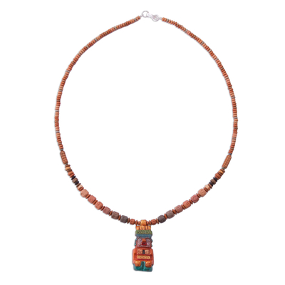 Ceramic pendant necklace, 'Andes Mountain Deity' - Sterling Silver and Ceramic Beaded Incan Pendant Necklace