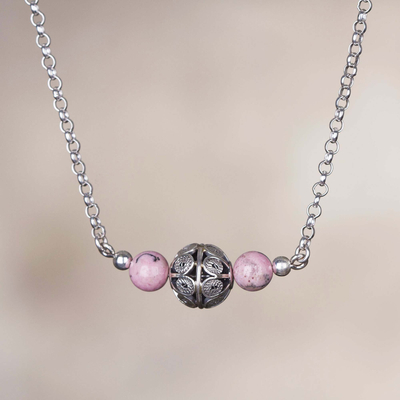 Rhodonite filigree pendant necklace, 'Pink Royalty' - Rhodonite Filigree Pendant Necklace from Peru