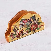 Reverse painted glass napkin holder, 'Floral Nectar' - Bird-Themed Reverse Painted Glass Napkin Holder from Peru