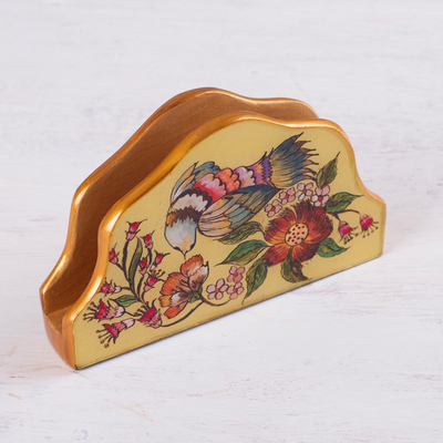 Reverse painted glass napkin holder, 'Floral Nectar' - Bird-Themed Reverse Painted Glass Napkin Holder from Peru
