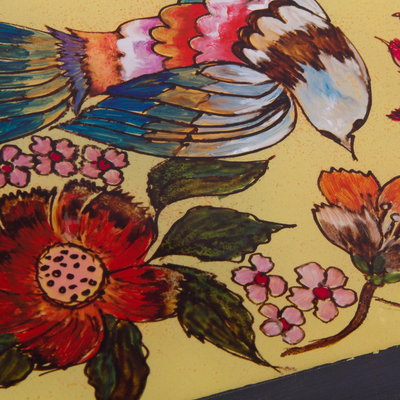 Servilletero de vidrio pintado al revés - Servilletero de vidrio pintado al revés con diseño de pájaro de Perú