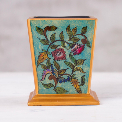 Reverse-painted glass pencil holder, 'Flowering Companion' - Handcrafted Reverse-Painted Glass Pencil Holder from Peru