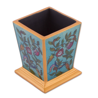Reverse-painted glass pencil holder, 'Flowering Companion' - Handcrafted Reverse-Painted Glass Pencil Holder from Peru