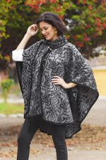 Reversible alpaca blend ruana, 'Peruvian Wildflower in Grey' - Alpaca Blend Grey and Black Ruana with Scarf