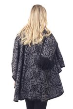 Reversible alpaca blend ruana, 'Peruvian Wildflower in Grey' - Alpaca Blend Grey and Black Ruana with Scarf