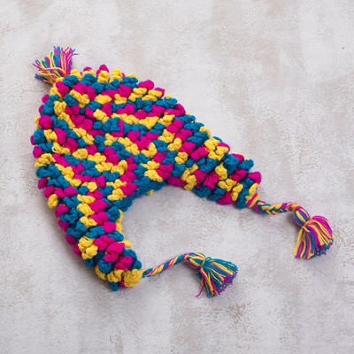 Alpaca blend chullo hat, 'Andean Festivity' - Hand-Crocheted Colorful Alpaca Blend Chullo Hat from Peru