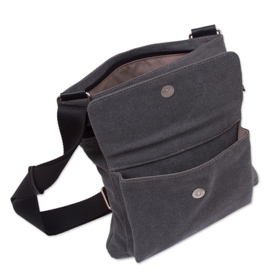 Leather accent cotton shoulder bag, 'Ancient Traveler' - Leather Accent Cotton Shoulder Bag in Slate from Peru