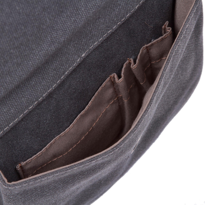 Bolso de hombro de algodón con detalle de cuero - Bolso de hombro de algodón con detalle de cuero en pizarra de Perú