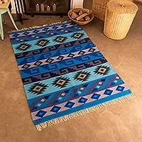 Wool area rug, 'Incan Empire' (4x6) - Handwoven Wool Area Rug in Blue (4x6) from Peru