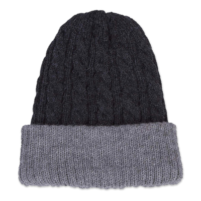 Reversible 100% alpaca hat, 'Warm and Toasty' - Light and Dark Grey Reversible 100% Alpaca Hat from Peru