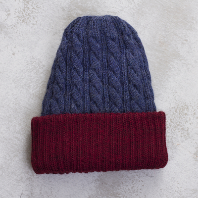 Reversible 100% alpaca hat, 'Warm and Snug' - Cranberry and Blue 100% Alpaca Reversible Knit Hat from Peru