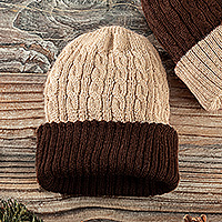 Reversible 100% alpaca hat, 'Warm and Comfy' - Peruvian Artisan Made 100% Alpaca Brown Reversible Cable Hat