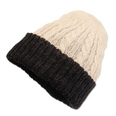 100% Alpaca White and Grey Reversible Knit Hat from Peru