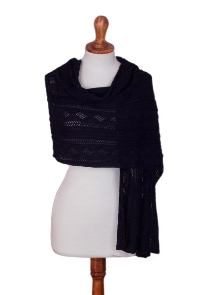 100% baby alpaca shawl, 'Lady in Blue' - Artisan Crafted Navy Blue 100% Baby Alpaca Shawl from Peru