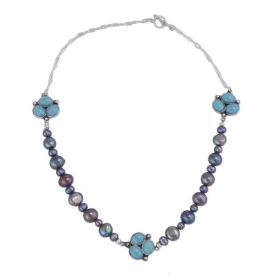 Cultured pearl and amazonite beaded pendant necklace, 'Peaceful Pebbles' - Cultured Pearl and Amazonite Beaded Necklace from Peru