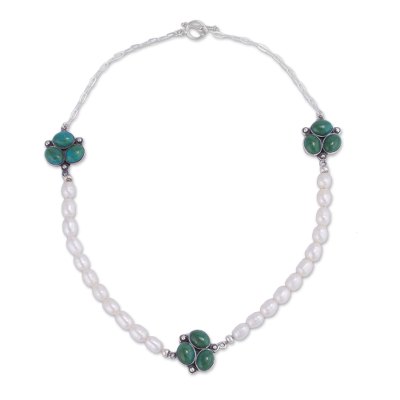 Culutred pearl and chrysocolla beaded pendant necklace, 'Peaceful Pebbles' - Cultured Pearl and Chrysocolla Pendant Necklace from Peru