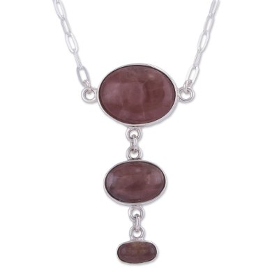 Rhodochrosite Y-necklace, 'Levitating' - Modern Sterling Silver Necklace with Andean Rhodochrosite