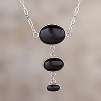 Obsidian Y-necklace, 'Levitating' - Sterling Silver Necklace with Andean Black Obsidian