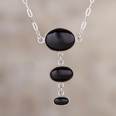 Obsidian-Y-Halskette - Halskette aus Sterlingsilber mit schwarzem Andenobsidian
