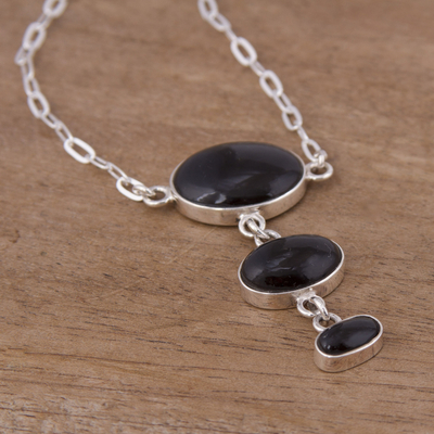 Obsidian Y-necklace, 'Levitating' - Sterling Silver Necklace with Andean Black Obsidian