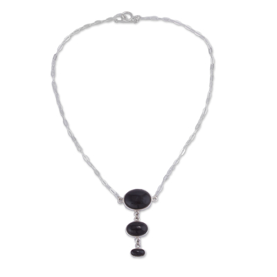 Obsidian Y-necklace, 'Levitating' - Sterling Silver Necklace with Andean Black Obsidian