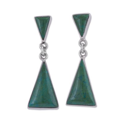 Chrysocolla dangle earrings, 'Peaks and Pyramids' - Natural Andean Chrysocolla Earrings in Sterling Silver