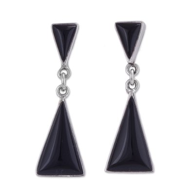 Obsidian dangle earrings, 'Peaks and Pyramids' - Andean Obsidian Contemporary Earrings in 925 Sterling Silver