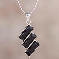 Obsidian pendant necklace, 'Distinguished Diagonals' - Black Obsidian Necklace Handcrafted of Andean 925 Silver