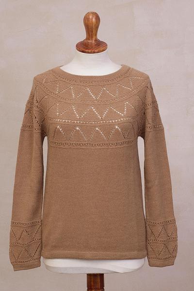 100% baby alpaca sweater, 'Peruvian Evening in Camel' - Knit Camel Baby Alpaca Pullover Sweater from Peru