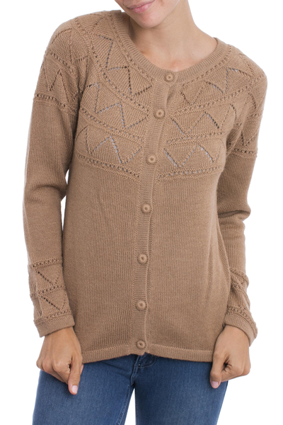 Tan Baby Alpaca Cardigan Sweater with Pointelle Knit Designs