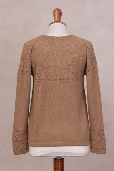 100% baby alpaca cardigan sweater, 'Sweet Mystique in Tan' - Tan Baby Alpaca Cardigan Sweater with Pointelle Knit Designs