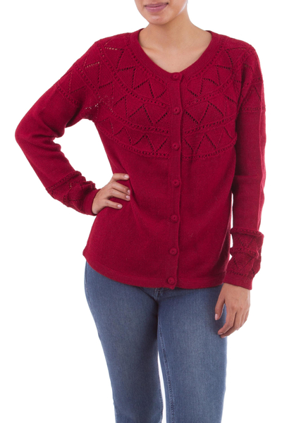 Crimson Baby Alpaca Cardigan Sweater with Pointelle Knit