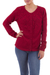 100% baby alpaca sweater, 'Sweet Mystique in Crimson' - Crimson Baby Alpaca Cardigan Sweater with Pointelle Knit thumbail
