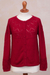 100% baby alpaca sweater, 'Sweet Mystique in Crimson' - Crimson Baby Alpaca Cardigan Sweater with Pointelle Knit (image 2d) thumbail
