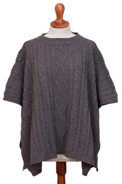 Alpaca blend poncho, 'Colonial Charm in Deep Grey' - Cable Knit Alpaca Blend Poncho in Deep Grey from Peru