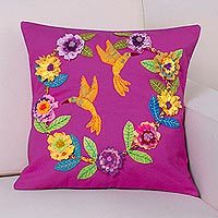 Applique cotton cushion cover, 'Hummingbird Cheer' - Fuchsia Cushion Cover with Hummingbird and Floral Appliques