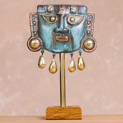 Copper and bronze mask, 'Reverent' - Oxidized Copper Decorative Funeral Mask Statuette